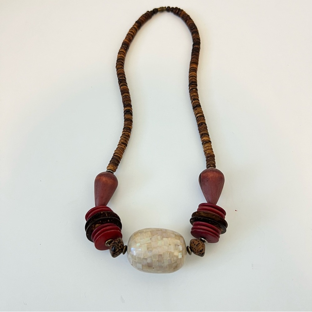 Vintage Wood Beaded Necklace w/ Mother of Pearl Mosaic - Picture 3 of 7